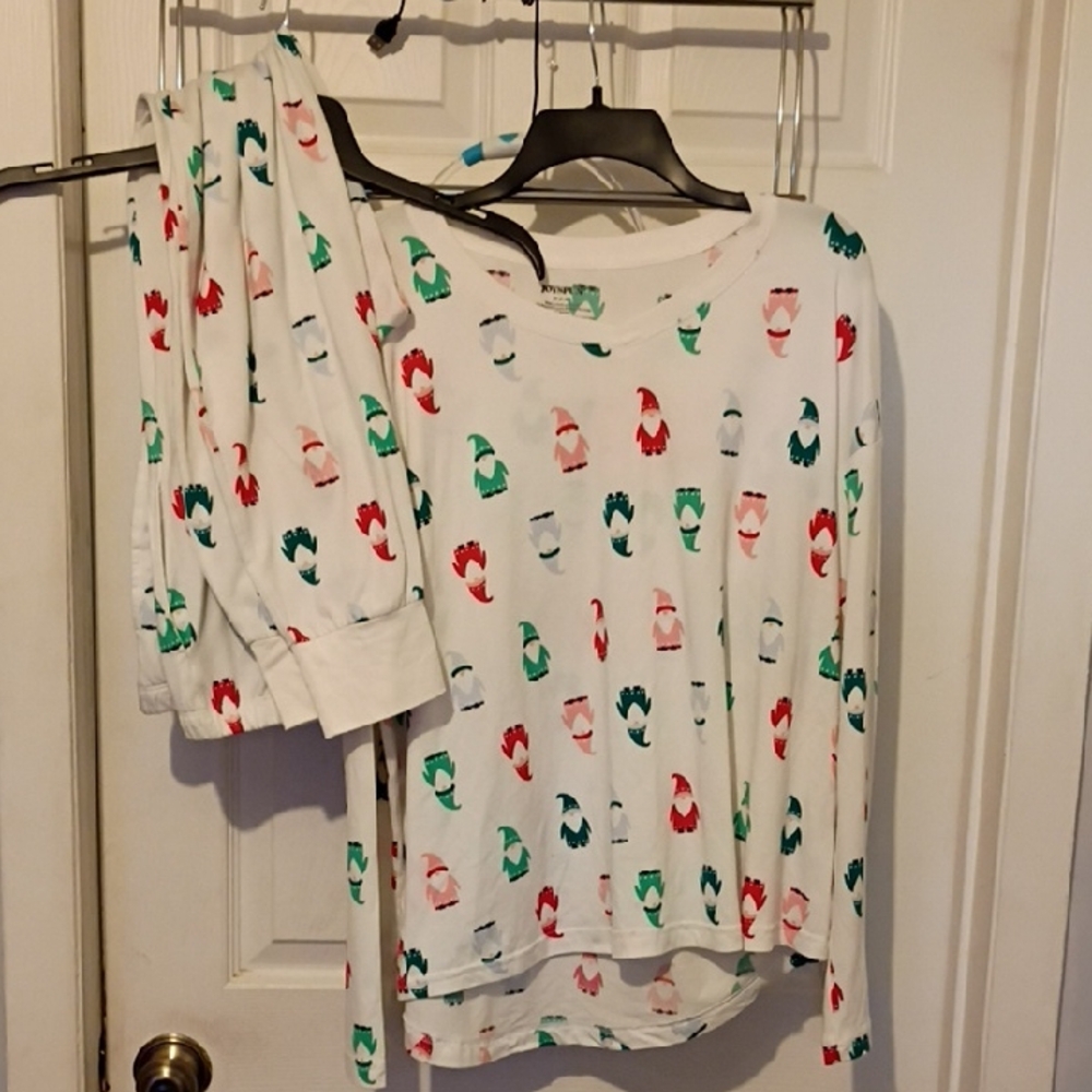 White Pajama Set with Red & Green Holiday Print